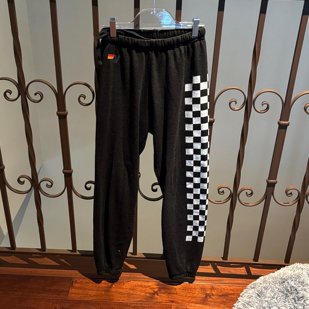 Women black/dark charcoal aviator nation checkered sweatpants